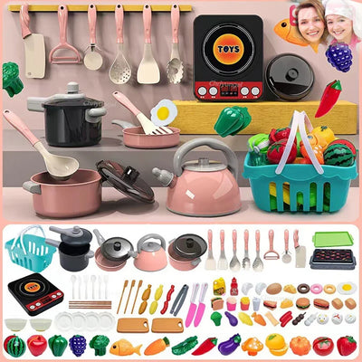 Kids Kitchen Toys Set with pots, utensils, and pretend food, perfect for toddlers 3-12 years old, CE certified.