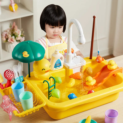 Child playing with Kids Kitchen Sink Toy - Electric Dishwasher Set featuring water, toys, and accessories for imaginative play.